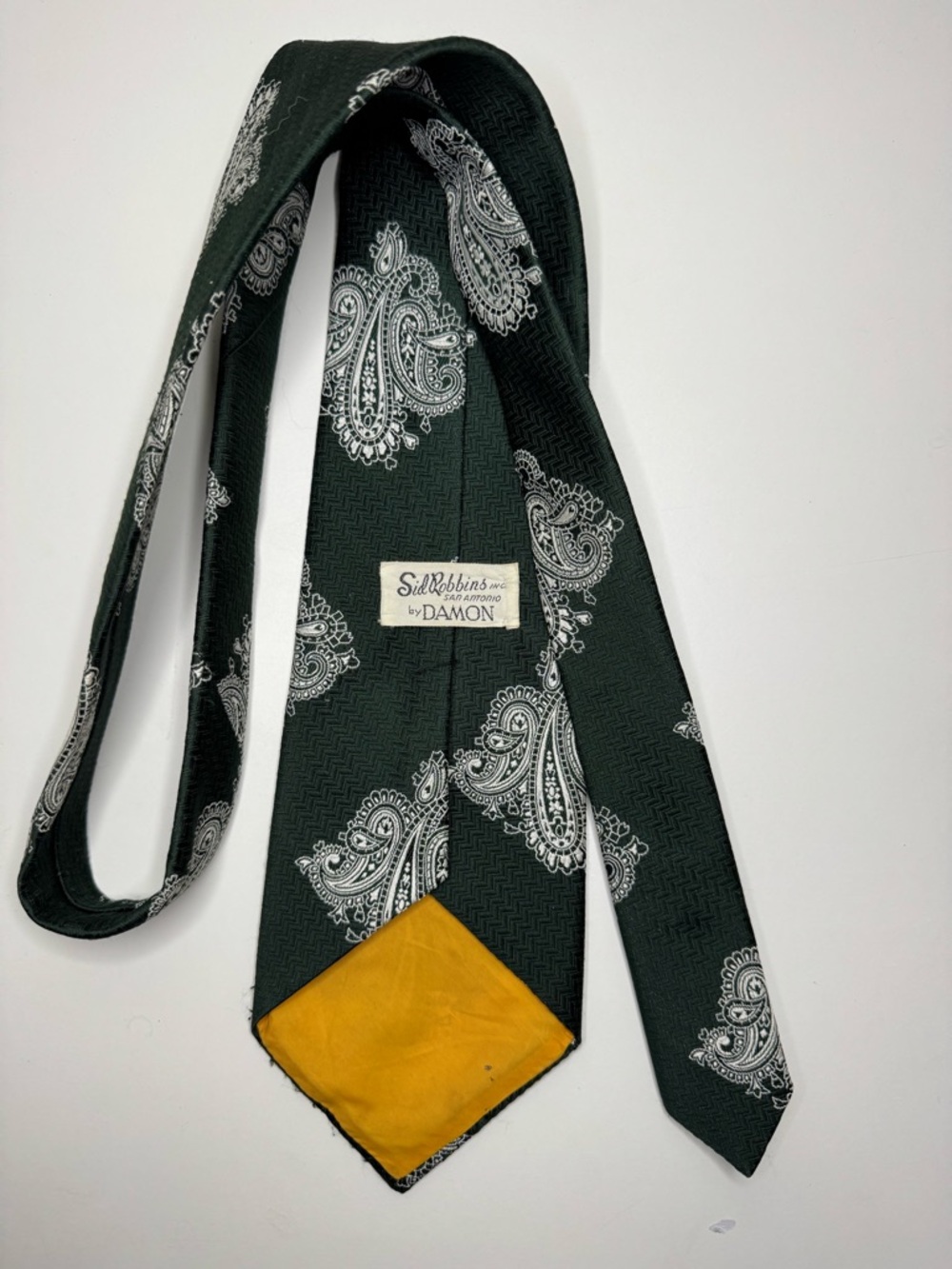 Vintage Dark Green Paisley Silk Tie with White Motif